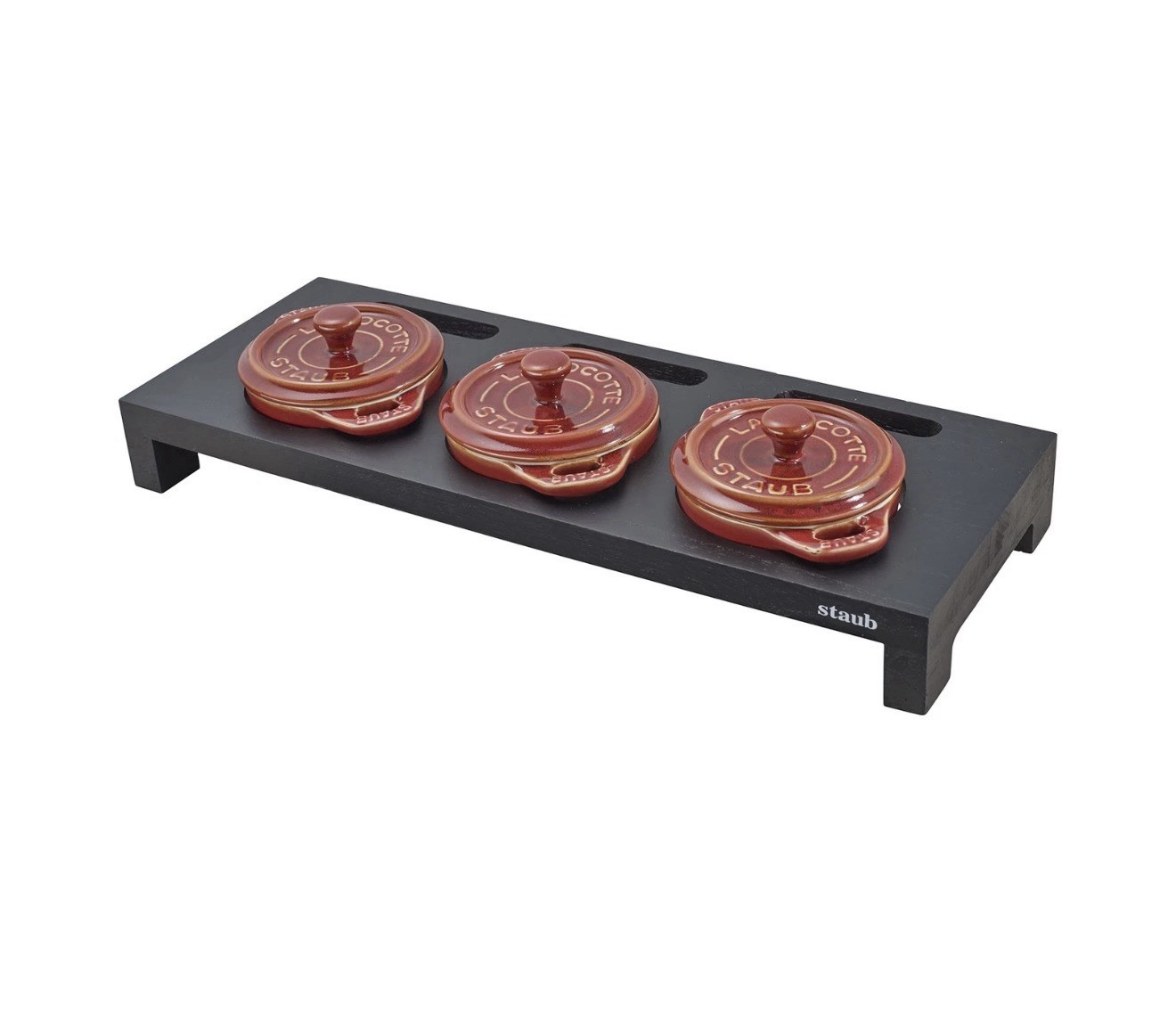 Staub Wood Mini Cocotte Stand For 3 Round Mini Cocottes – Black – 1190700 – New