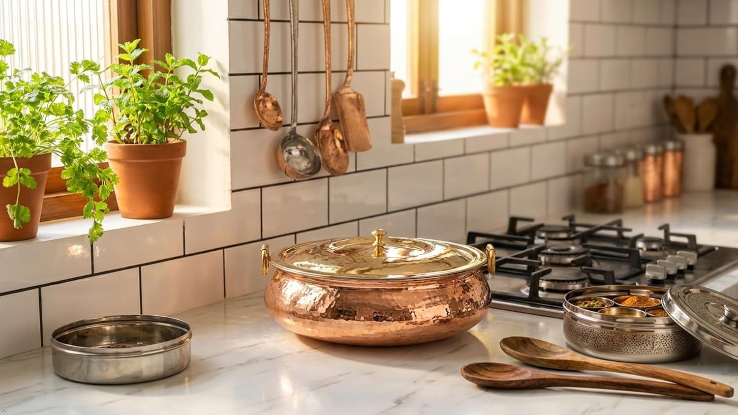 Copper Hammered Biryani Handi with Brass Lid, Tin-Coated Cooking Pot, 4 Liters