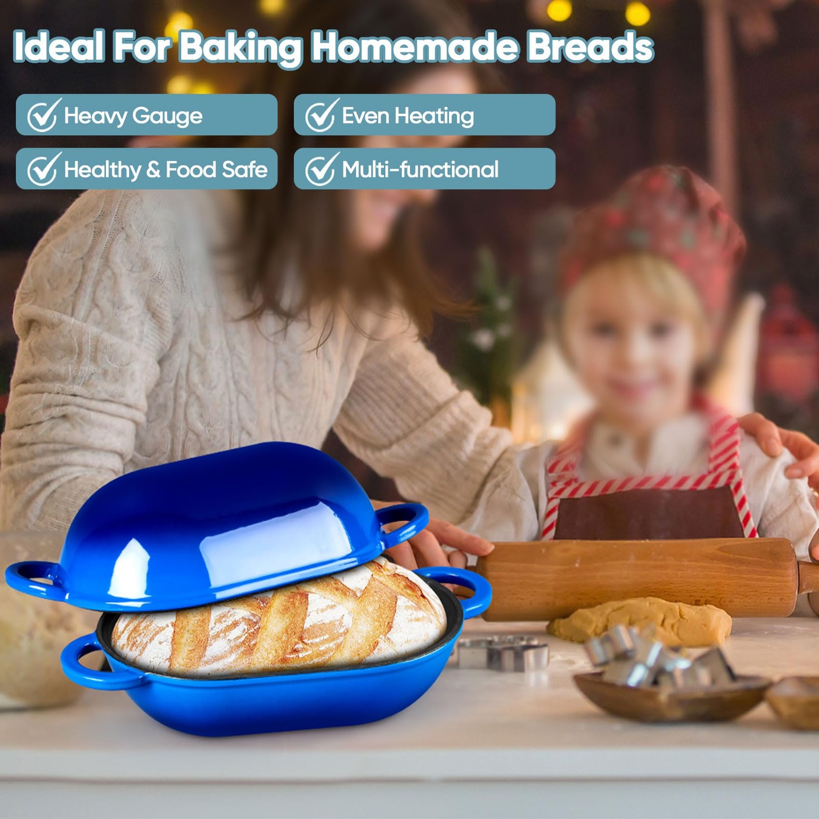 TeamFar Enameled Cast Iron Bread Loaf Pan, 2 QT Oval Dutch Oven with Lid for Sou