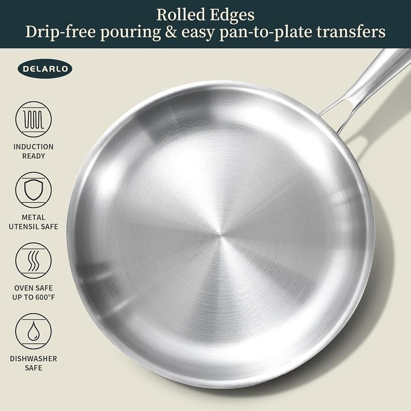 Tri-Ply Stainless Steel Frying Pan Set Ergonomic Handle Induction Safe Kitchen