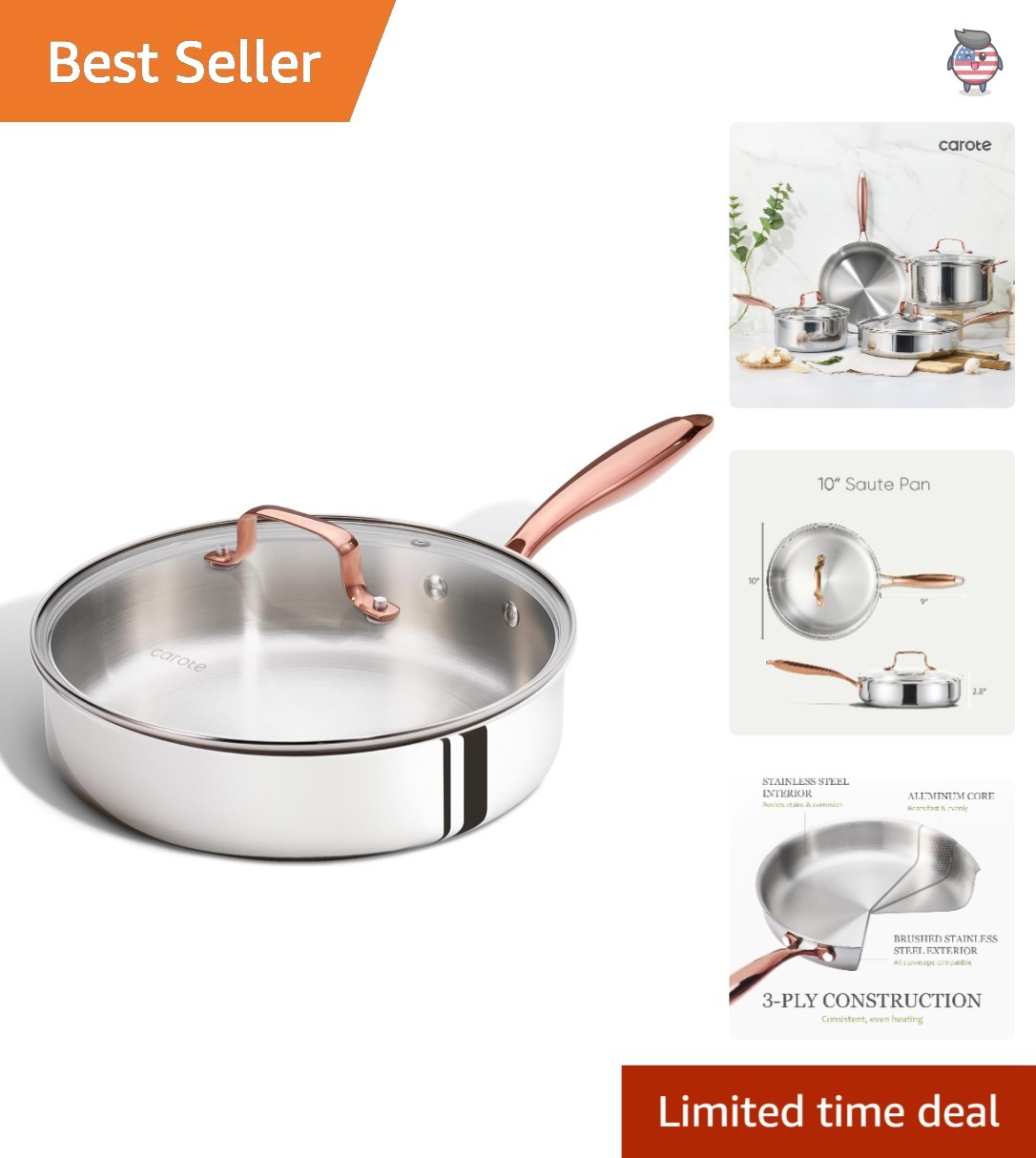 10-Inch Tri-Ply Stainless Steel Frying Pan with Lid for Versatile Cooking