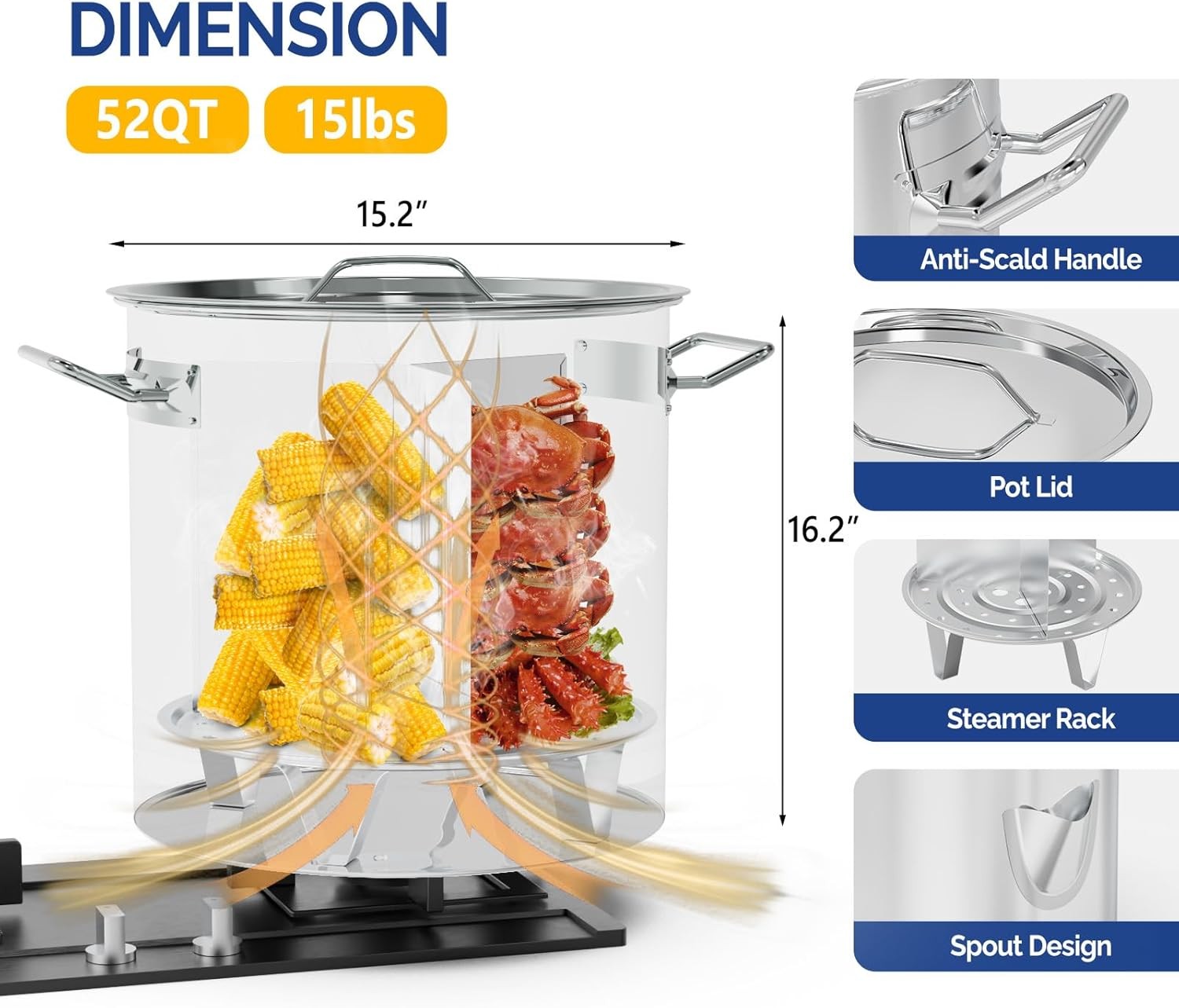 52QT Stainless Steel Tamale Steamer Pot, Steam Pots with Water Fill Spout Silver