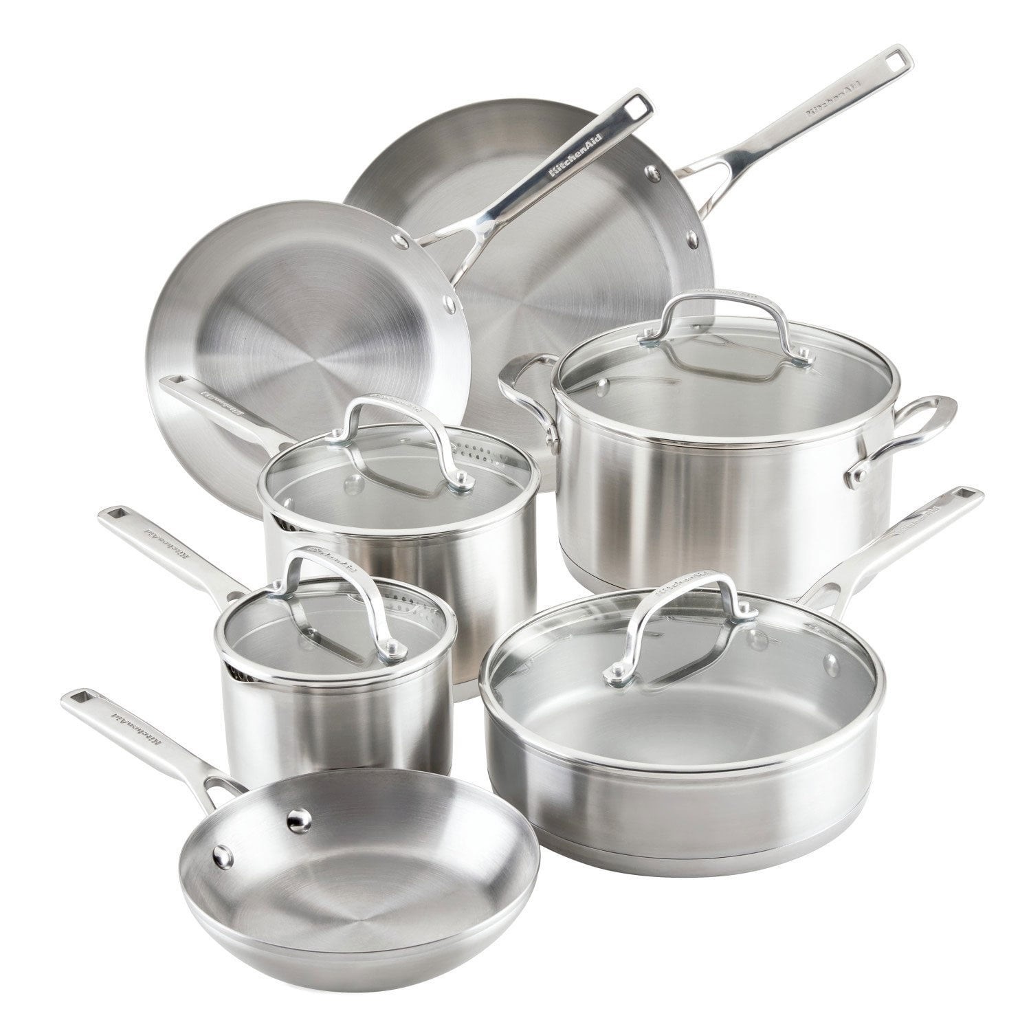 KitchenAid 3-Ply Base Stainless Steel 11-Piece Cookware Set, Brushed Stainless