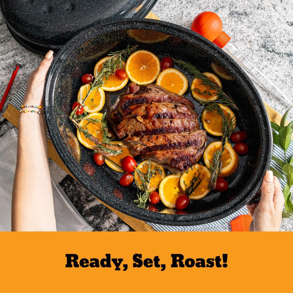 19 in Oval Roaster Set (10pcs), includes Lid, Rack, 2 pack brining bags, oven…