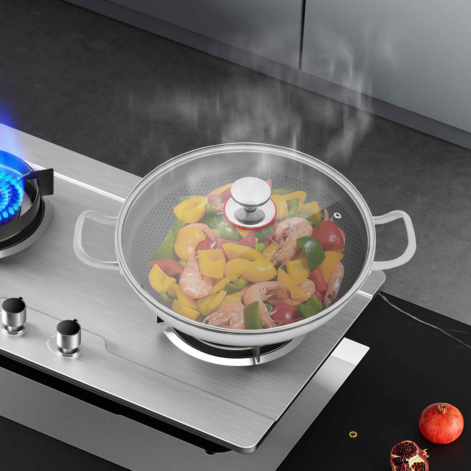 Skillet With Lid, Stainless Steel Frying Pan,14 Inch Non Stick Paella Pan