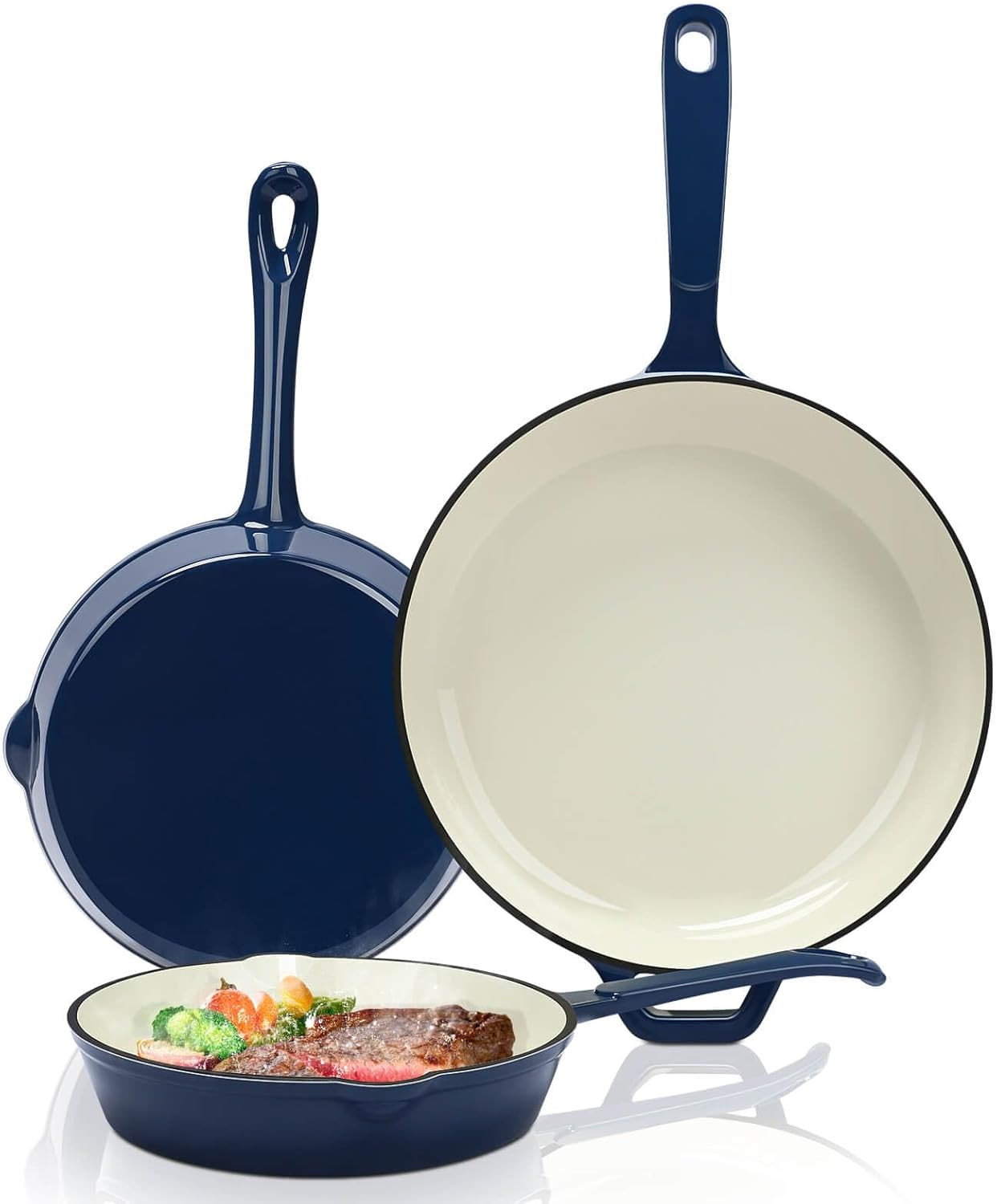 Navy Blue Enameled Cast Iron Skillet Set – 3 Piece PFAS Free Cookware
