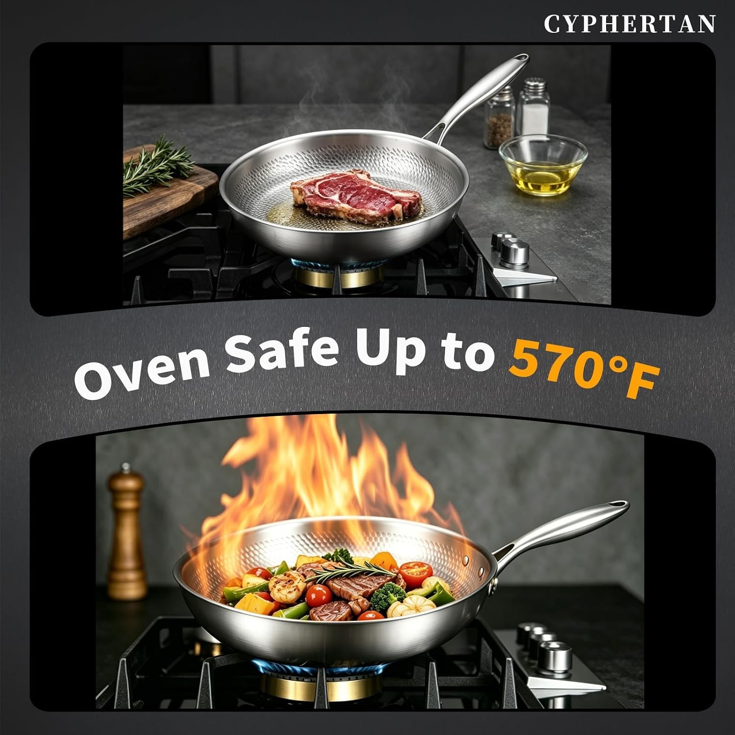 Titanium Frying Pan with Lid, 11″ Uncoated Hammered Skillet, Pfas/Pfoa/Ptfe-Free