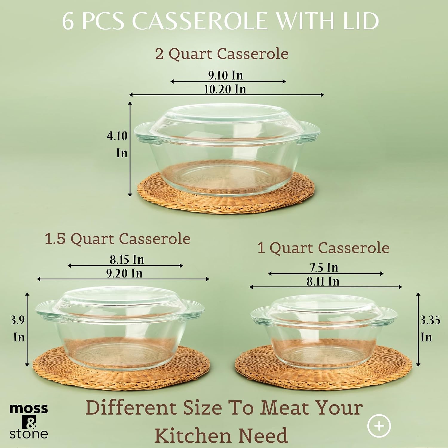 6pc Borosilicate Glass Casserole Set Lids 3 Round Sizes Oven Microwave Safe
