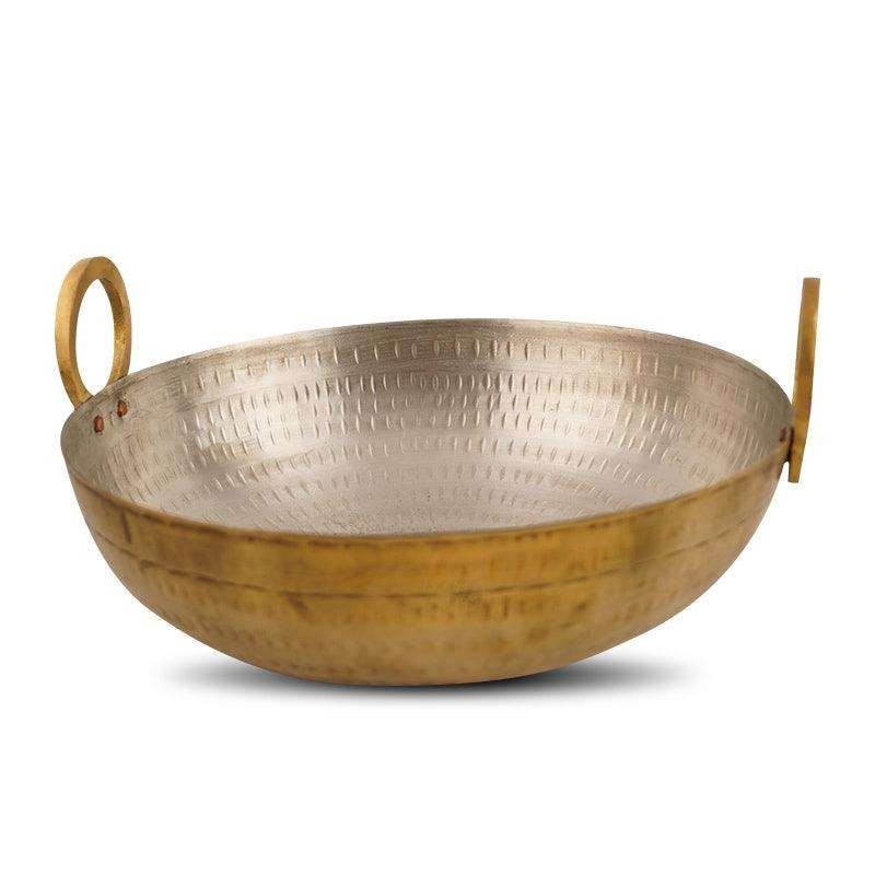 Traditional 3-Liter Brass Kadai Karahi Cooking Wok Hammered Tin Coated Pots