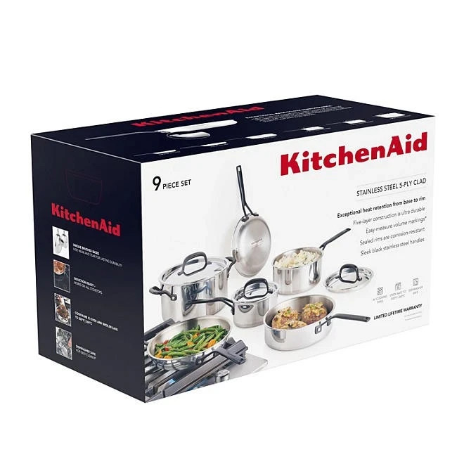 KitchenAid 5 Ply Clad Stainless Steel 9-Piece Cookware Set, Polished Stainless S