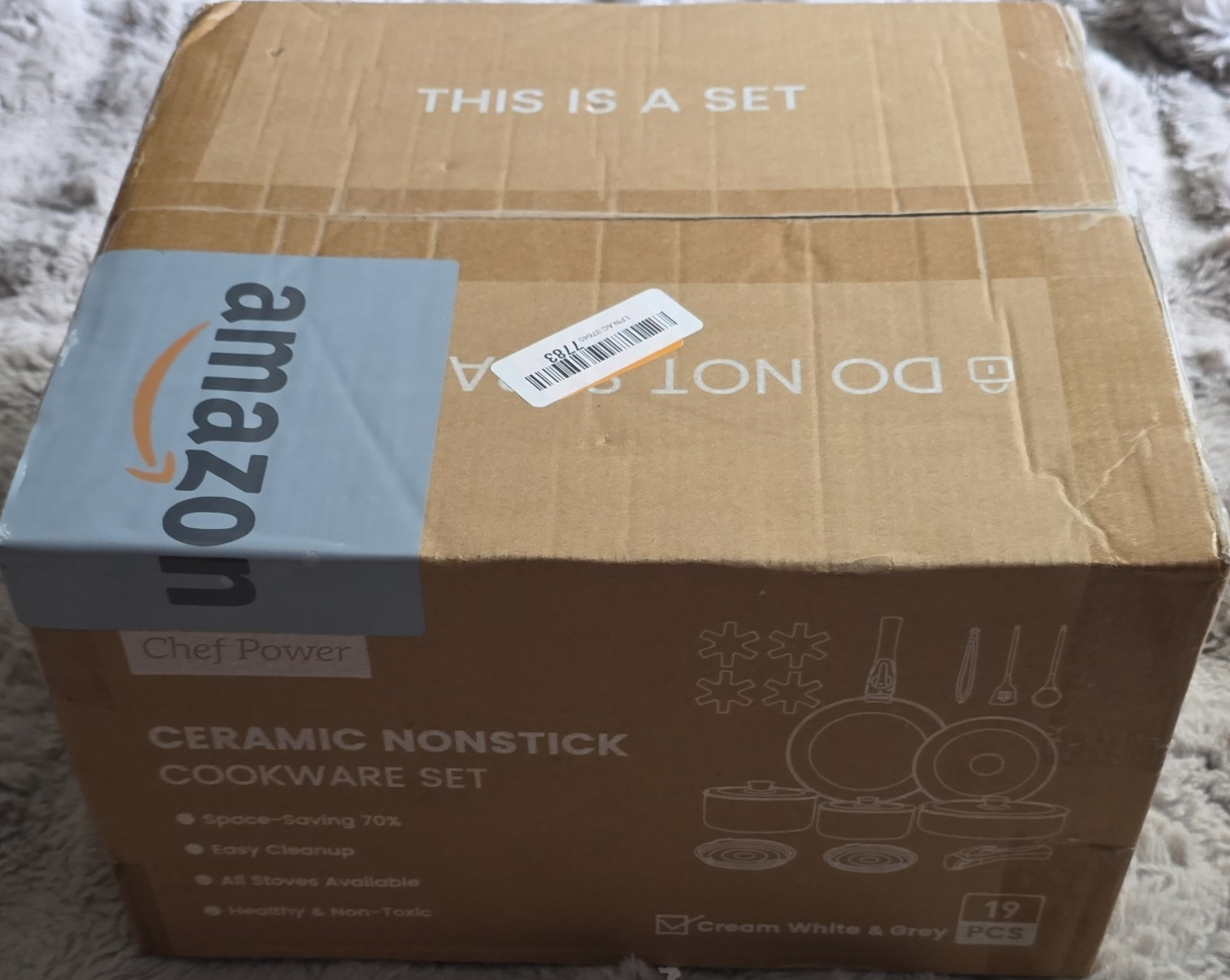 Chef Power Ceramic Nonstick 19-Piece Pan Set Detachable Handle Cream White Grey
