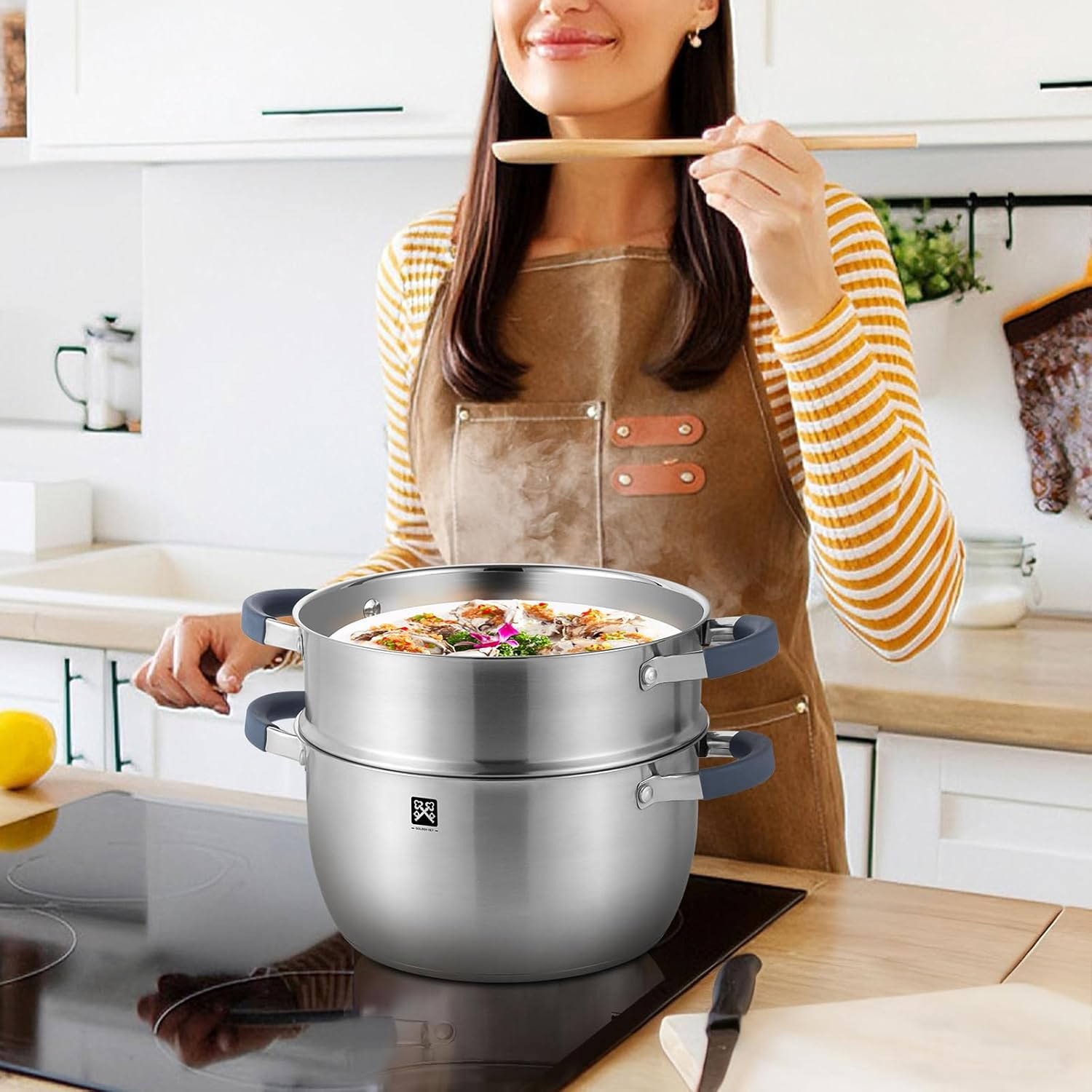 5.6 QT Steamer Pot with Lid,2-Tier Multipurpose 18/8 Steamer for Cooking with Ve