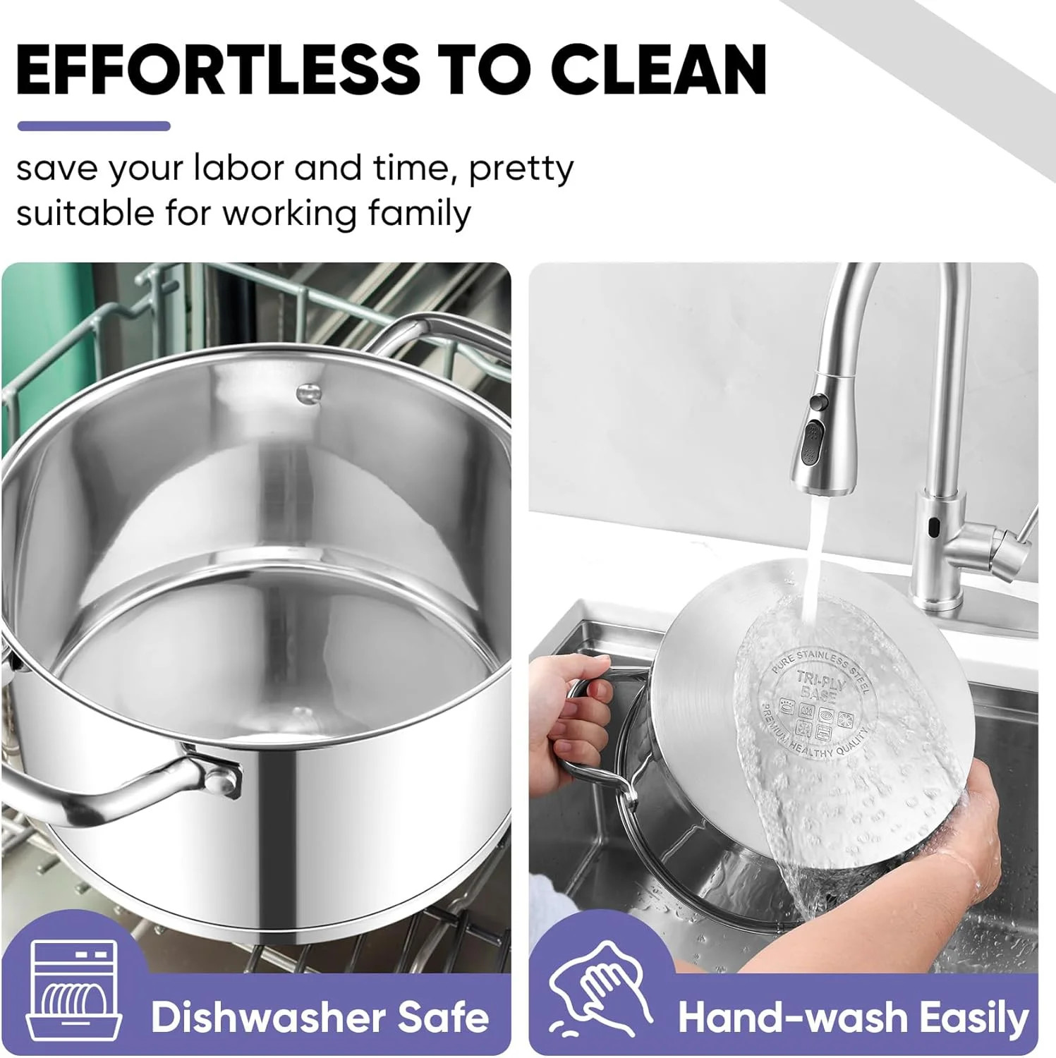 6QT Stainless Steel Stock Pot with Glass Lid Tri Ply Base Heavy Duty Dishwasher