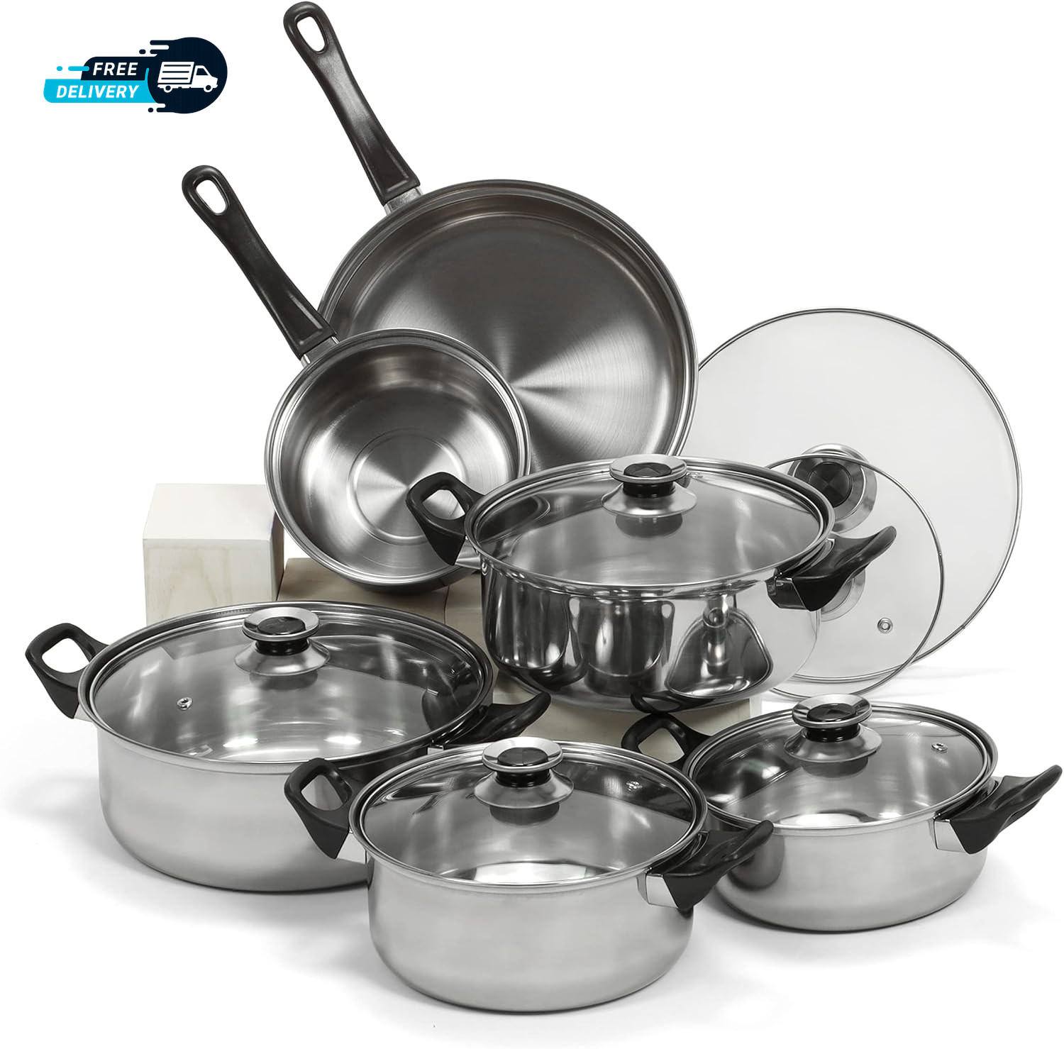12 Piece Stainless Steel Cookware Set, Silver