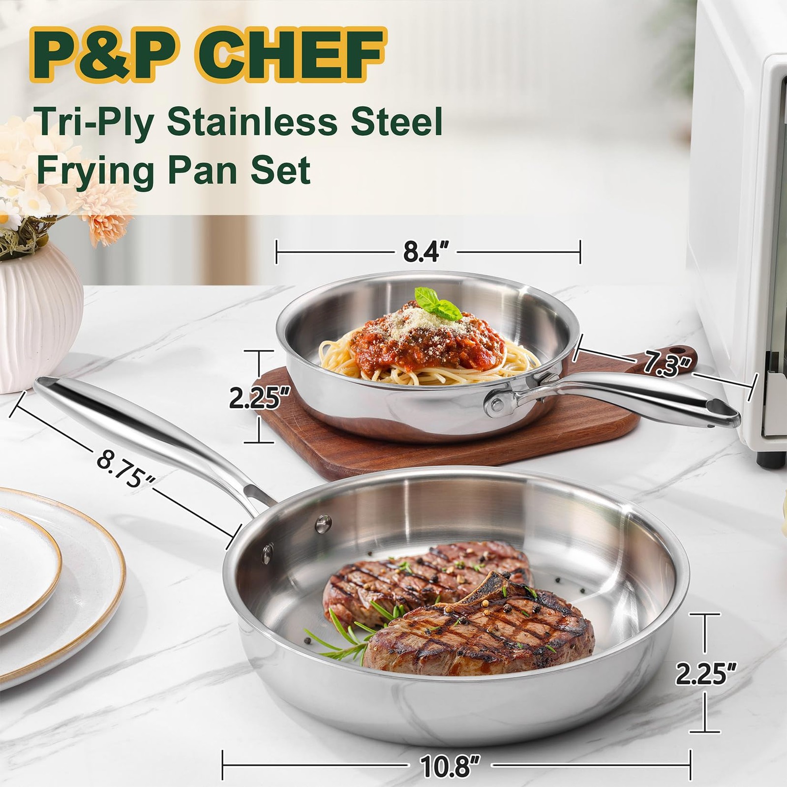 8 & 10 Inch Stainless Steel Frying Pan, 3-Ply Stainless Steel Pan Skillet,