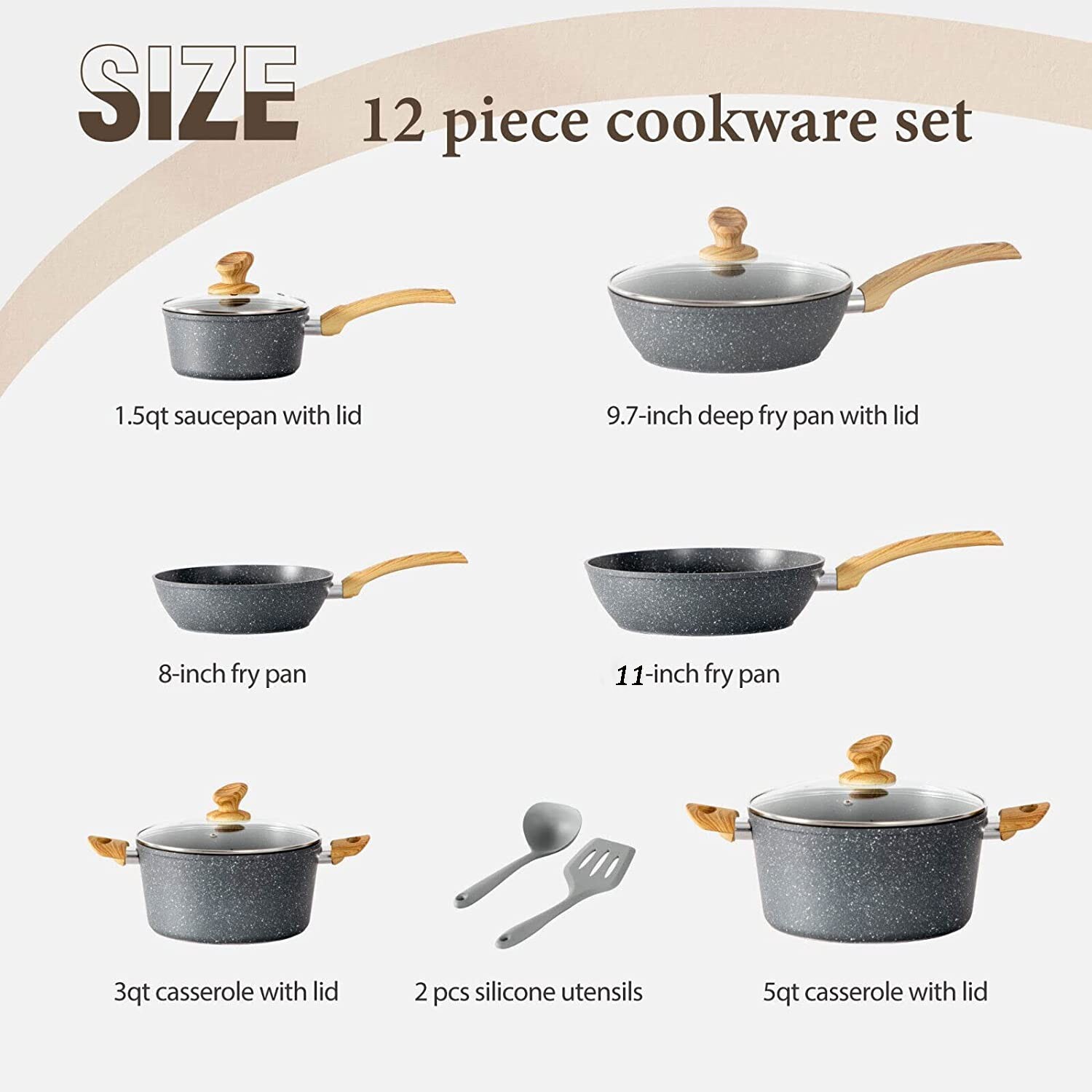 12 Pieces Hammered Cookware Set Nonstick Granite Coated Pots and Pans Set Gray
