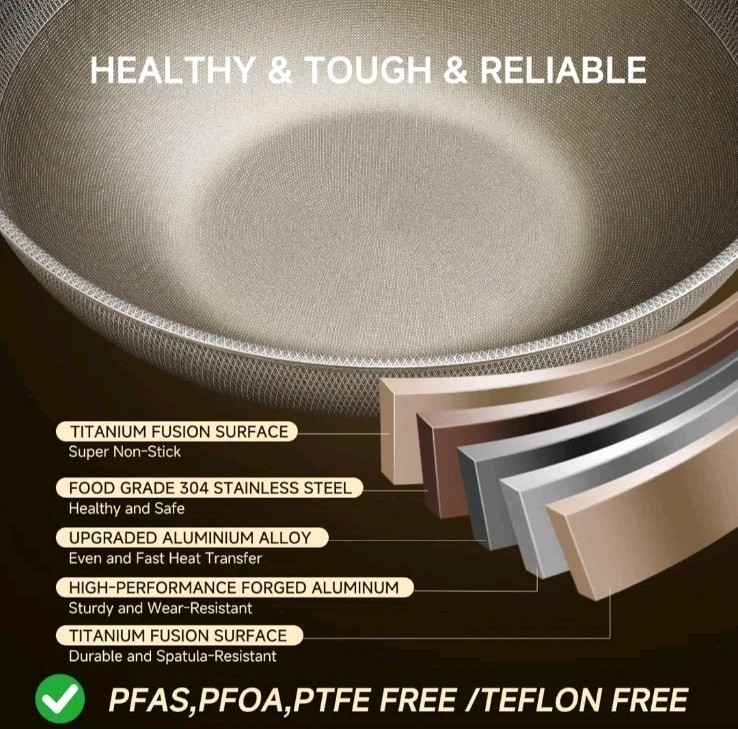 13 Inch Titanium Wok Pan w/ Lid Non Stick Frying Pan, Extended Cool-Touch Handle