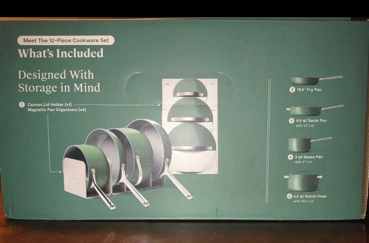 Caraway Ceramic Non-Stick Twelve-Piece Pan Set in Sage with Lids and Organizers