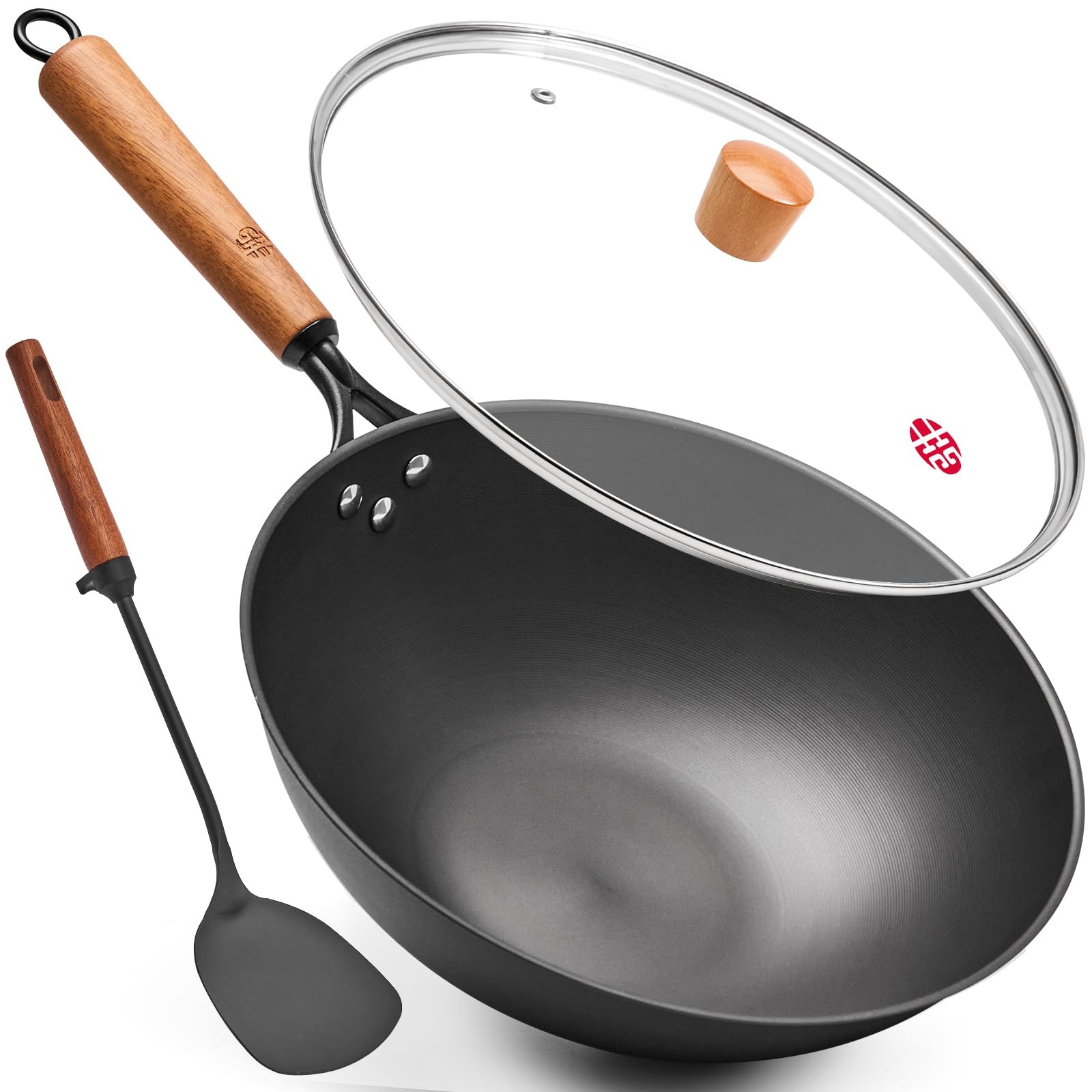WANGYUANJI Carbon Steel Wok Pan – 12.6 Inch Flat Bottom Wok, Premium Stir Fry…