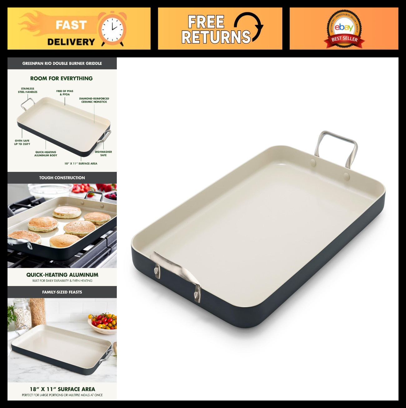18″ x 11″ Double Burner Griddle Pan – Nonstick Ceramic, PFAS-Free, Dishwasher Sa