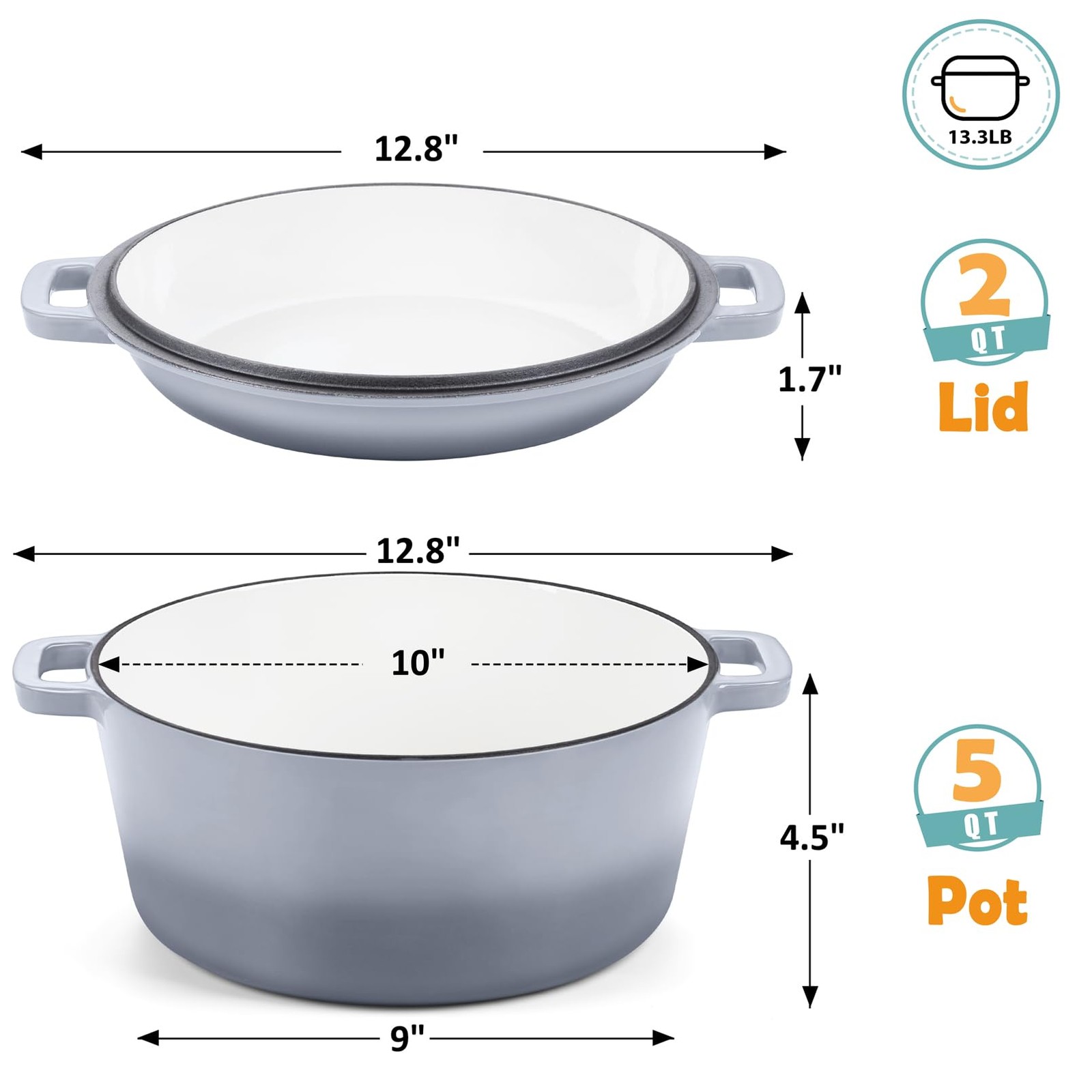 Teamfar 5 Quart Enameled Cast Iron Dutch Oven 2-In-1 Dutch Oven Pot Cookware