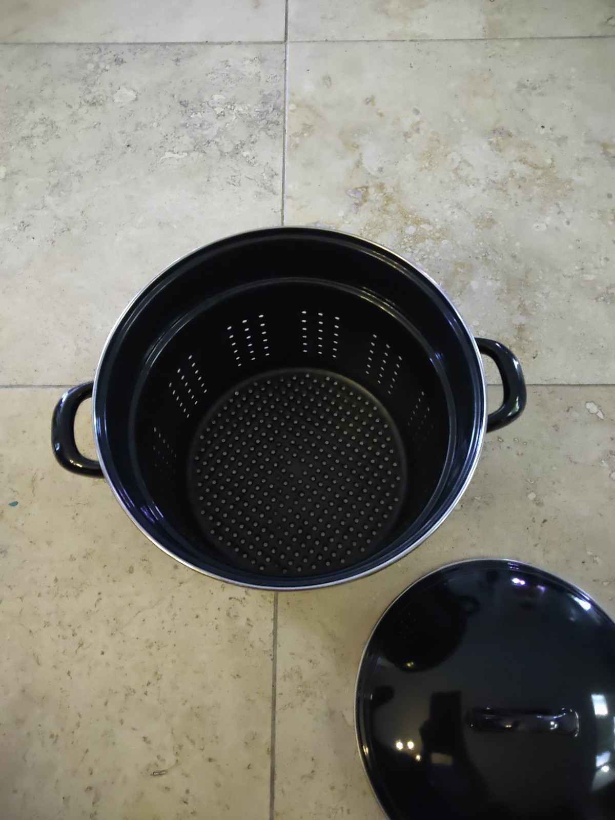 Black Stock Pot Colander Insert Double Handle With Lid