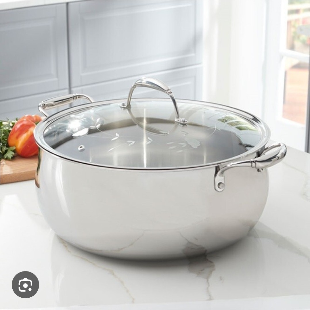 Stainless Steel Round Casserole with Lid Double Handle Silver for Gas Electric