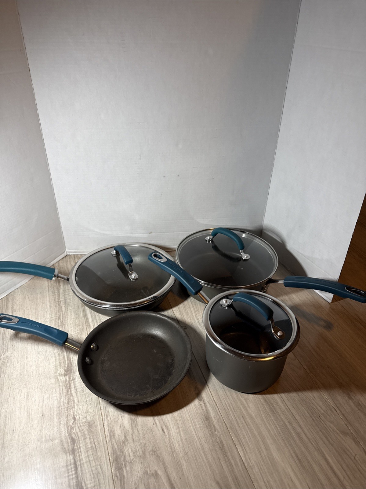 Rachel Ray 7 Pc Teal Blue Pots & Pan Set 10/8.5 Skillets 2 Qt Nonstick Porcelain