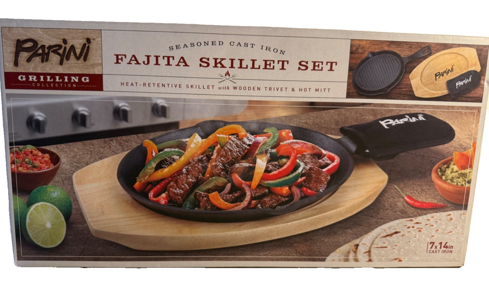 Parini Grilling Fajita Skillet Set Cast Iron Pan 7” x 14″ Wood Trivet Mitt New