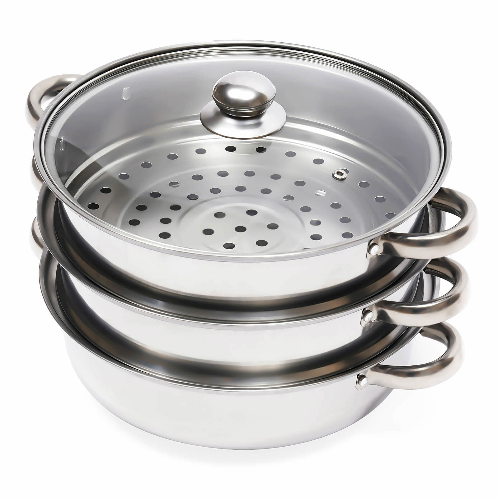 3 Tier Steamer Hot Pot Stainless Steel Cooker Steam Pot Food Cooking + Glass Lid