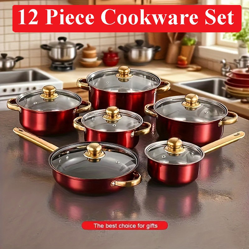 12Pcs Red Stainless Steel Non-Stick Cookware Set Kitchen Pot Frying Pan Saucepan