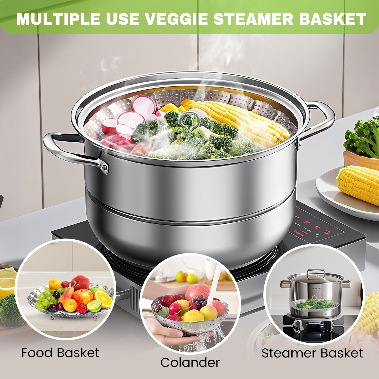 Stainless Steel Steamer Basket Expandable Cookware For Pots Vegetables Fruit