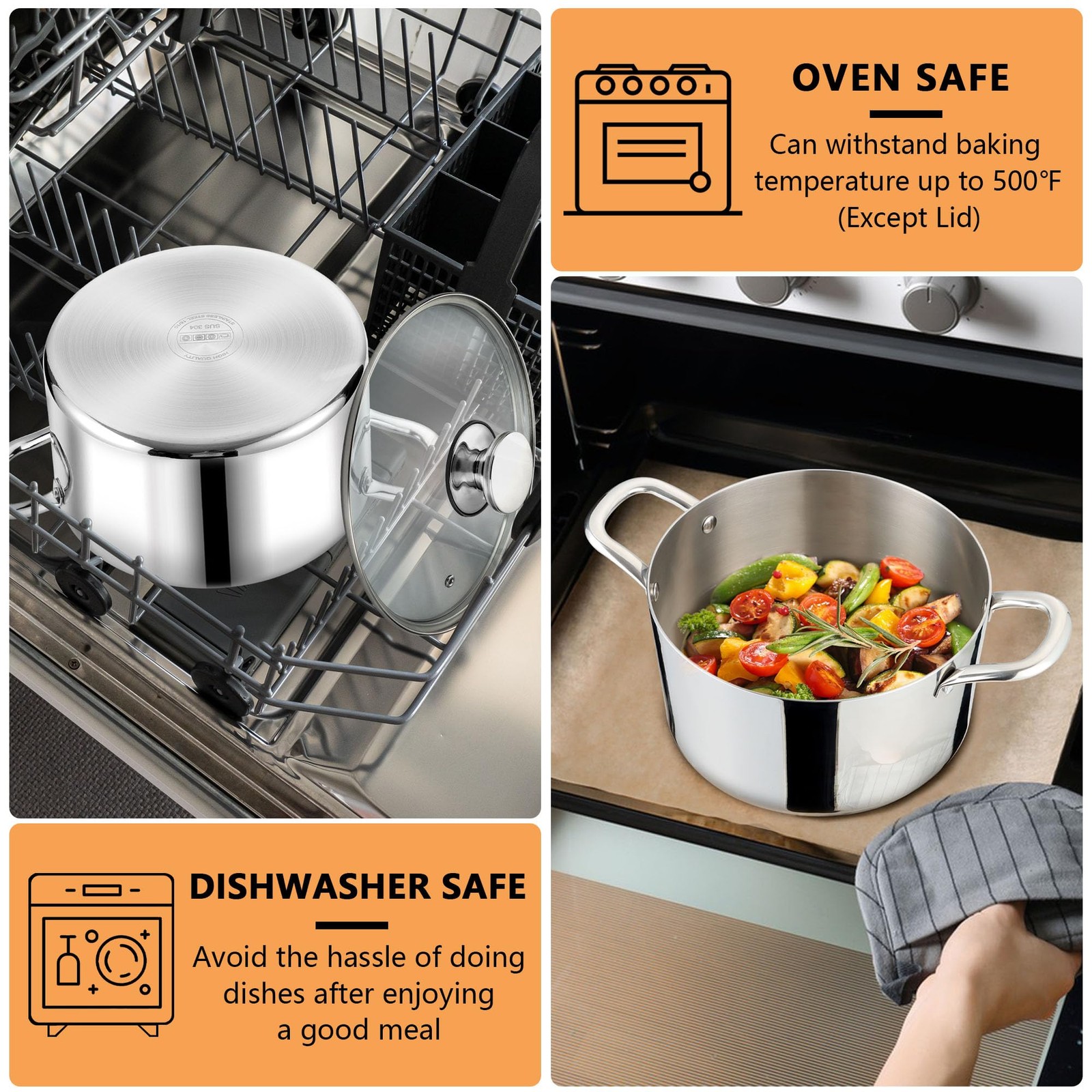 P&P CHEF 4 Quart Tri-Ply Stainless Steel Stock Pot, 4 Qt Stockpot Pasta Cooking
