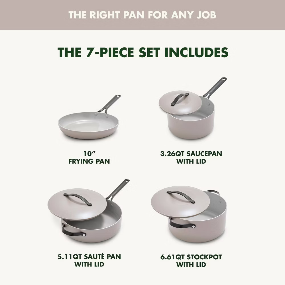GreenPan 7PC Gray Ceramic Cookware Set – Fry Pan, Stockpot, Black Steel