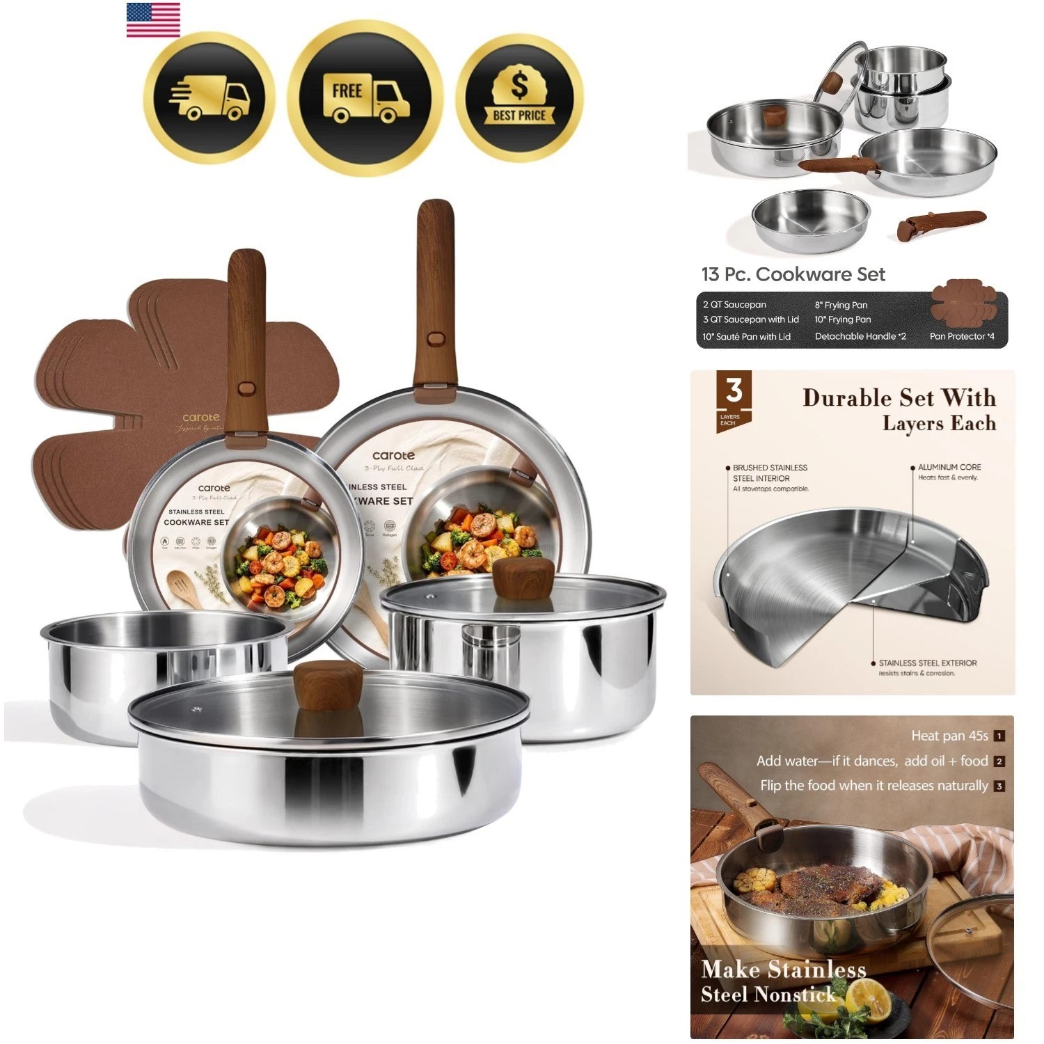 13-Piece Tri-Ply Stainless Steel Cookware Set with Detachable Handle – Oven Safe