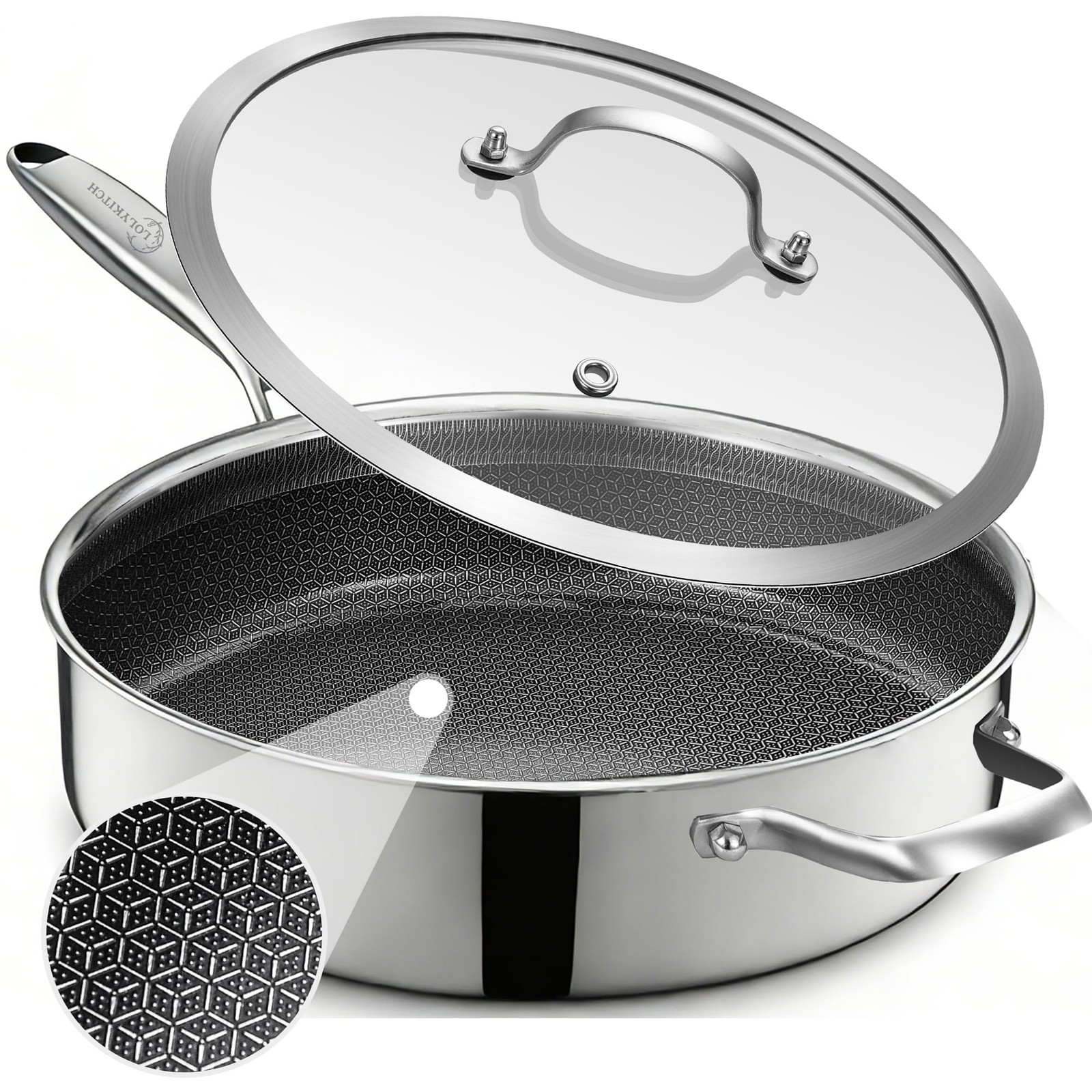 LOLYKITCH 5 QT Hybrid Ceramic Coating Non Stick Tri-Ply 5 with Lid, Silver