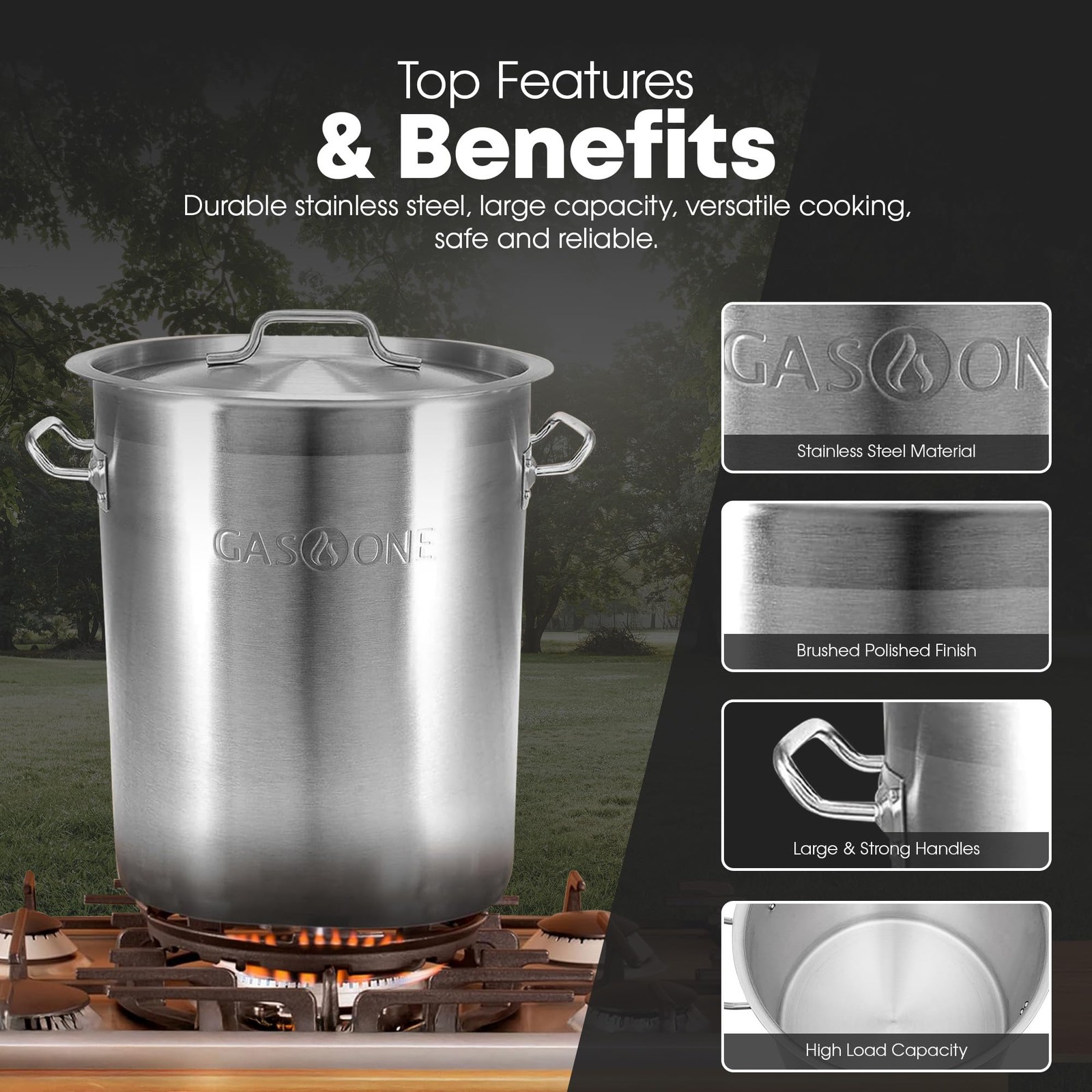 Gas One Stainless Steel 20Qt Stock Pot Lid And Capsule Tri-Ply Bottom