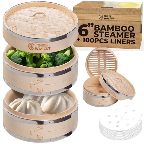 6 inch Dumpling Bamboo Steamer 2 Tier (Steel Reinforced) W/ 100PCS Liners – 2…