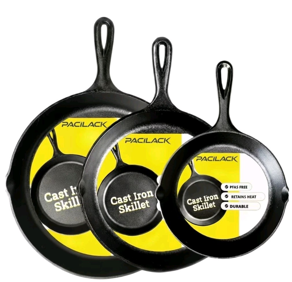 3pc CAST IRON Skillet Set, 6/8/10 inch Pre-Seasoned Pans, Black