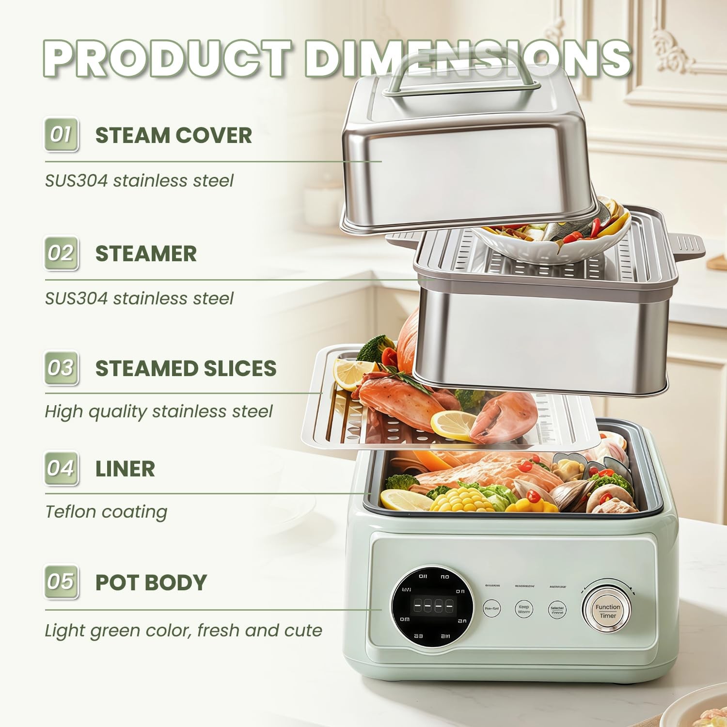15.8QT Electric Food Steamer, 3 Tier Food Steamer for Cooking, 1200W Stainles…