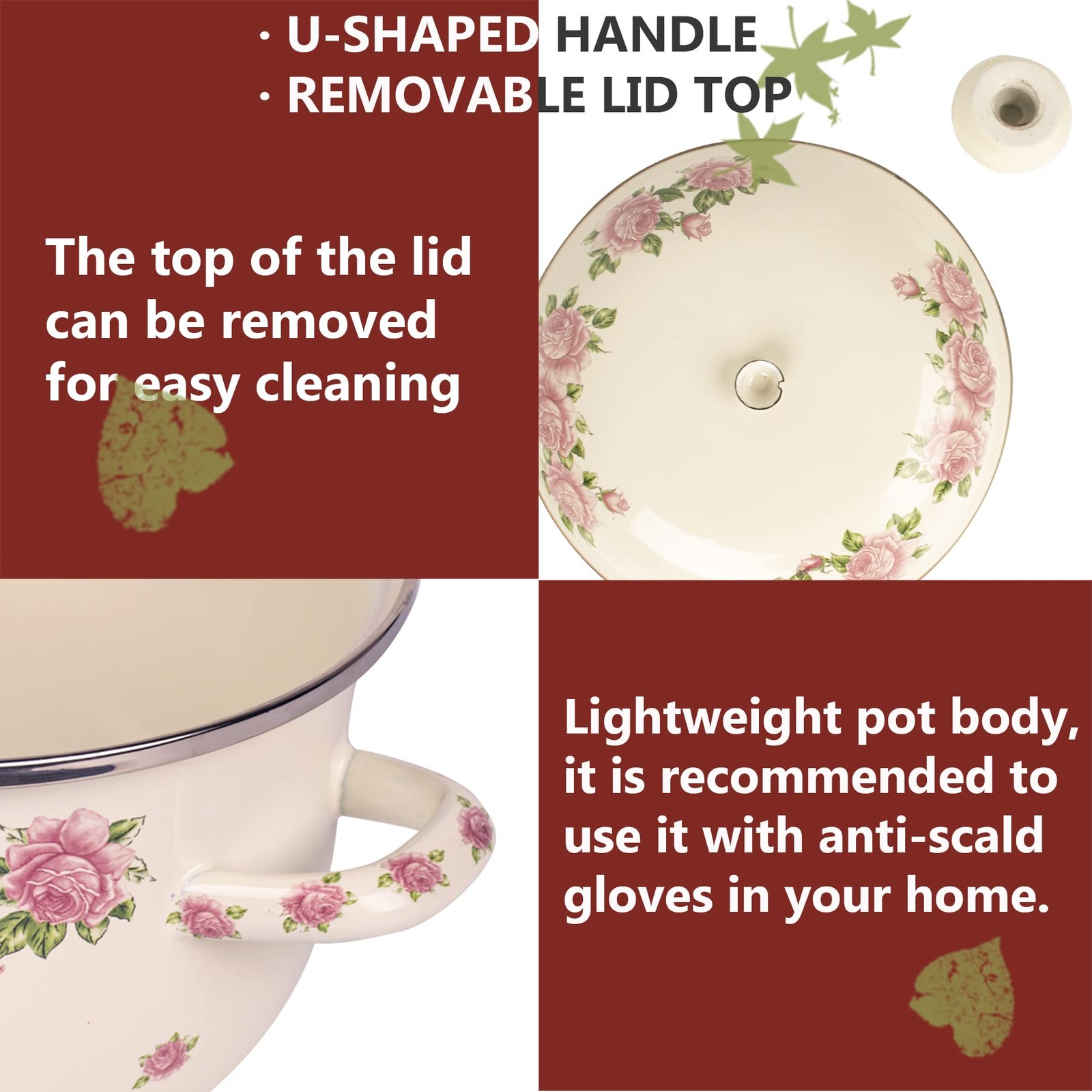 Retro Flower Enamel Stockpot with Lid,Stockpots for Cooking Rose pink -3QT
