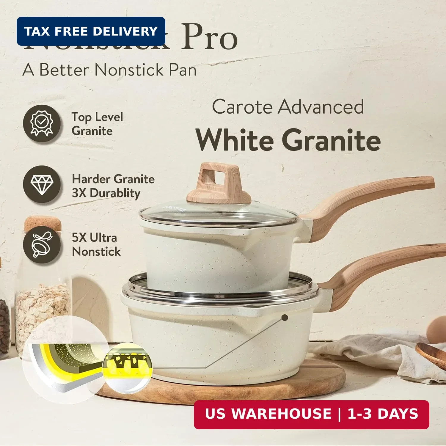 CAROTE 1.5Qt & 3.0Qt Sauce Pan Sets with Lid Cooking Pots Nonstick Saucepans Coo