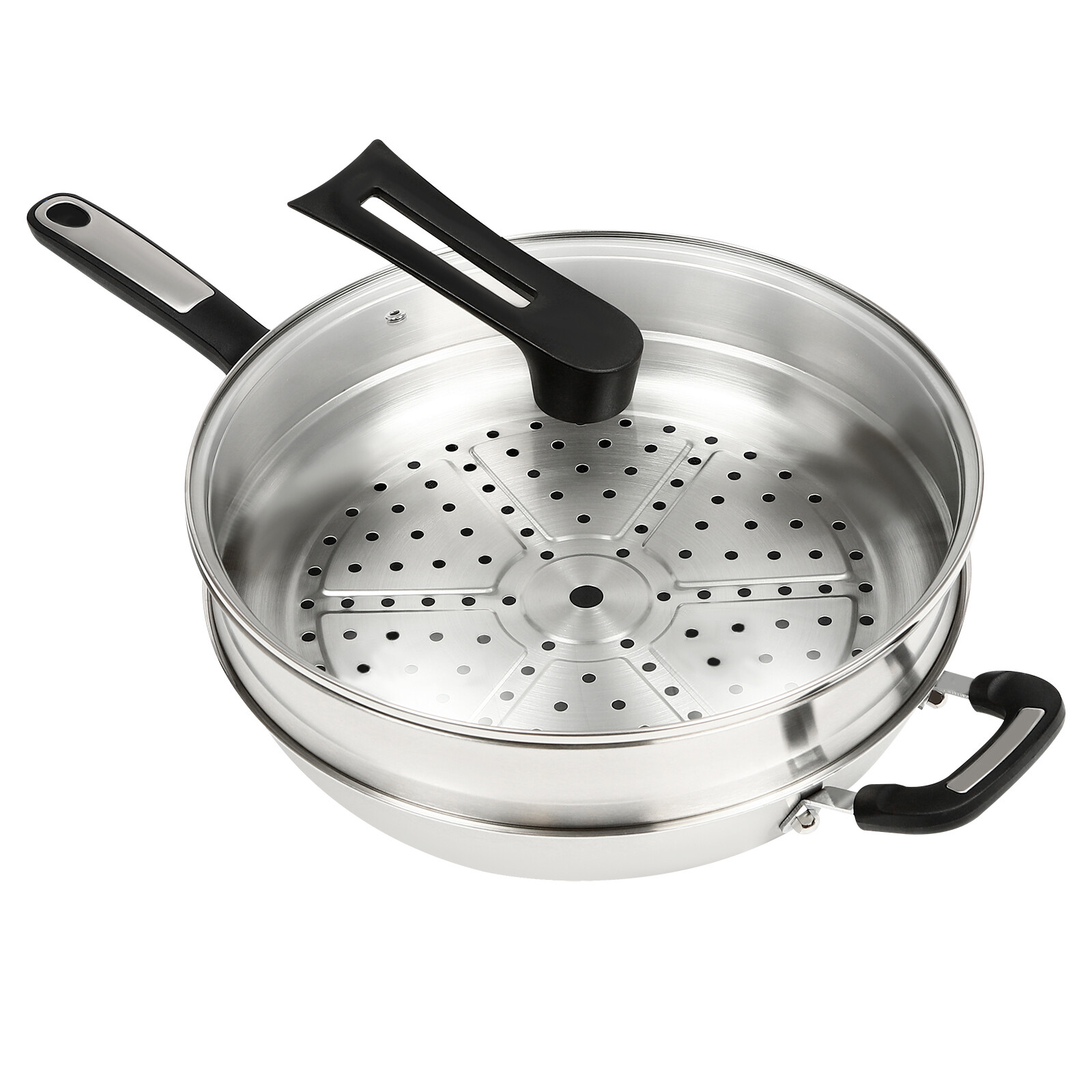 32cm Cooking Nonstick Honeycomb Wok Pan w/Lid & Stainless Steel Steamer Pot