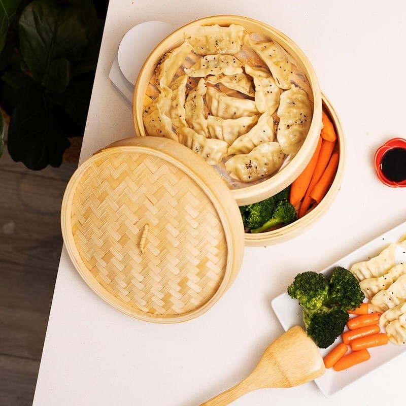 Bamboo Steamer 10 Inch Two Tier Asian Cuisine Cooking Dumplings Veggies Fish New