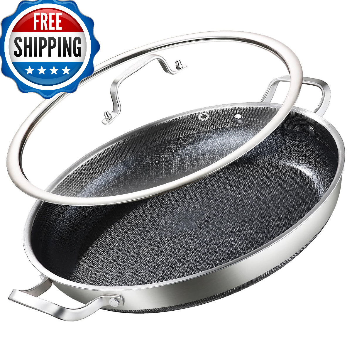 Delarlo Nonstick Paella Pan Lid 14 Inch Tri-Ply Stainless Steel Large Skillet