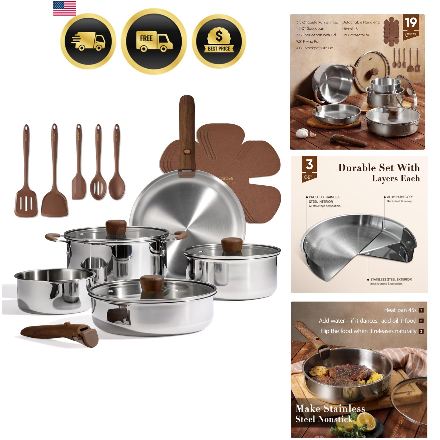 Stainless Steel Cookware Set 19pcs Detachable Handle Induction Oven Safe