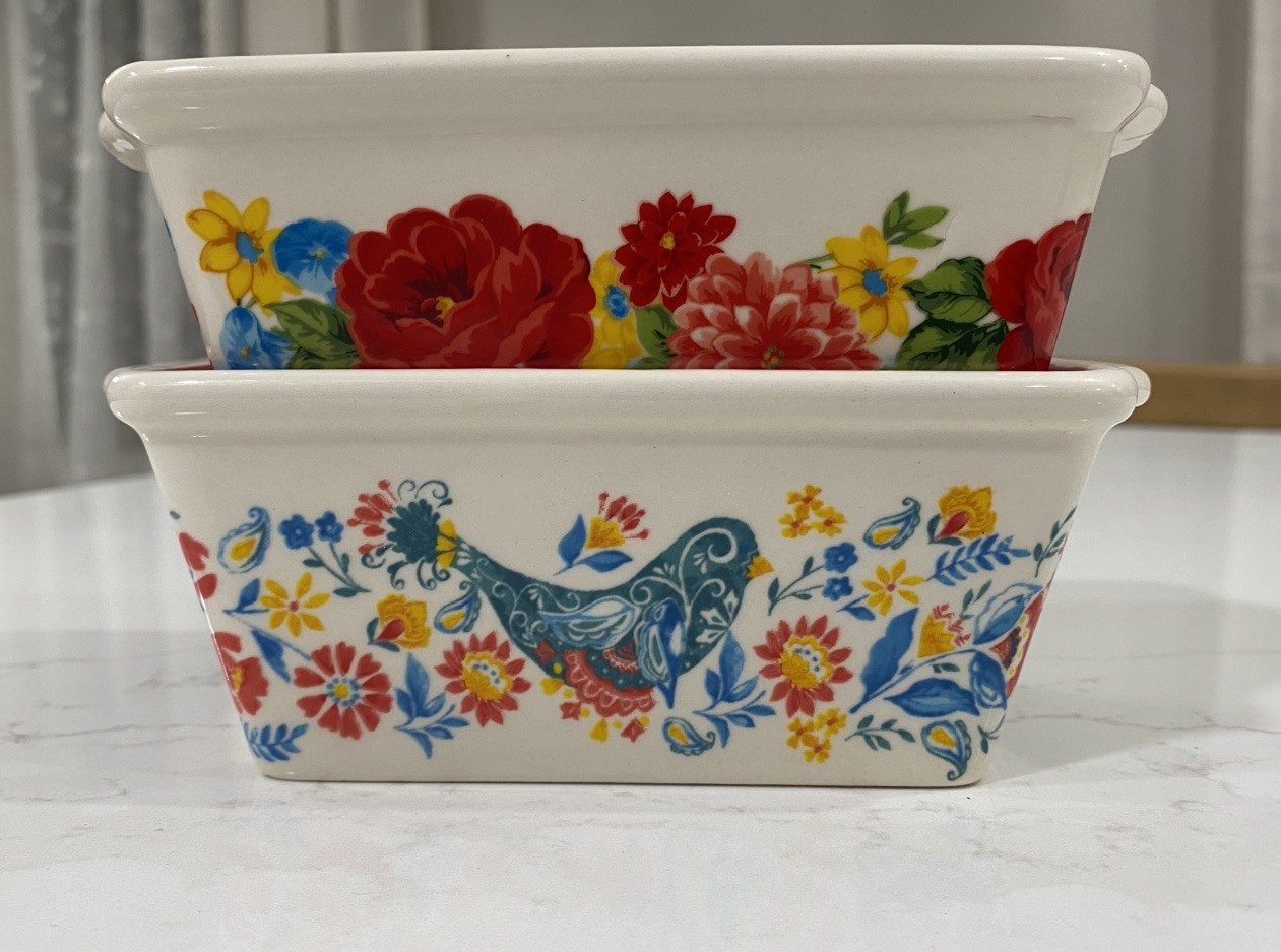 Two (2) Pioneer Woman ~ Ceramic Loaf Pans ~ Bird & Floral Design ~ VTG Inspired