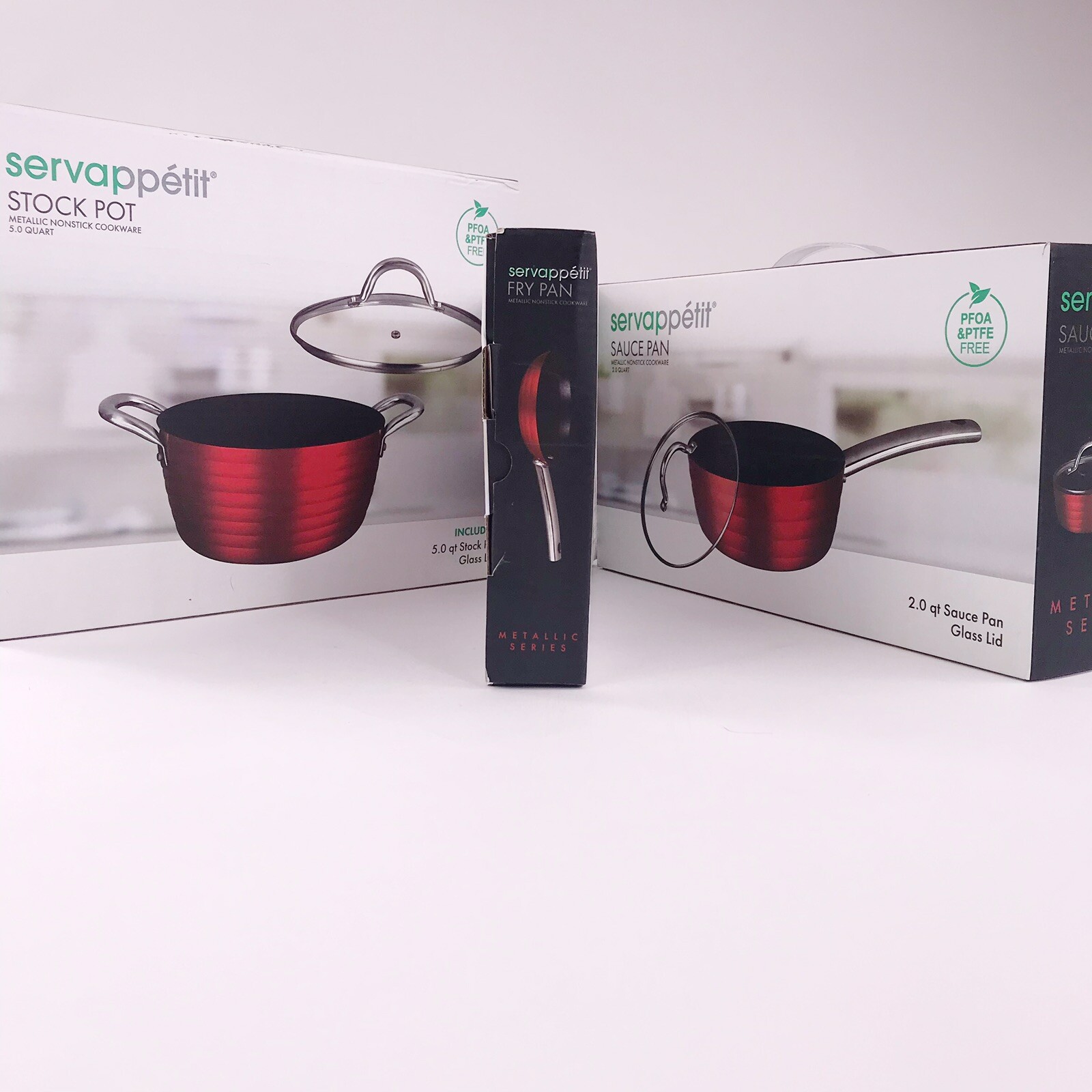 Servappetit Red Metallic 5 Qt. Stock Pot, 2 Qt Sauce Pan Glass Lids, 7in Fry Pan