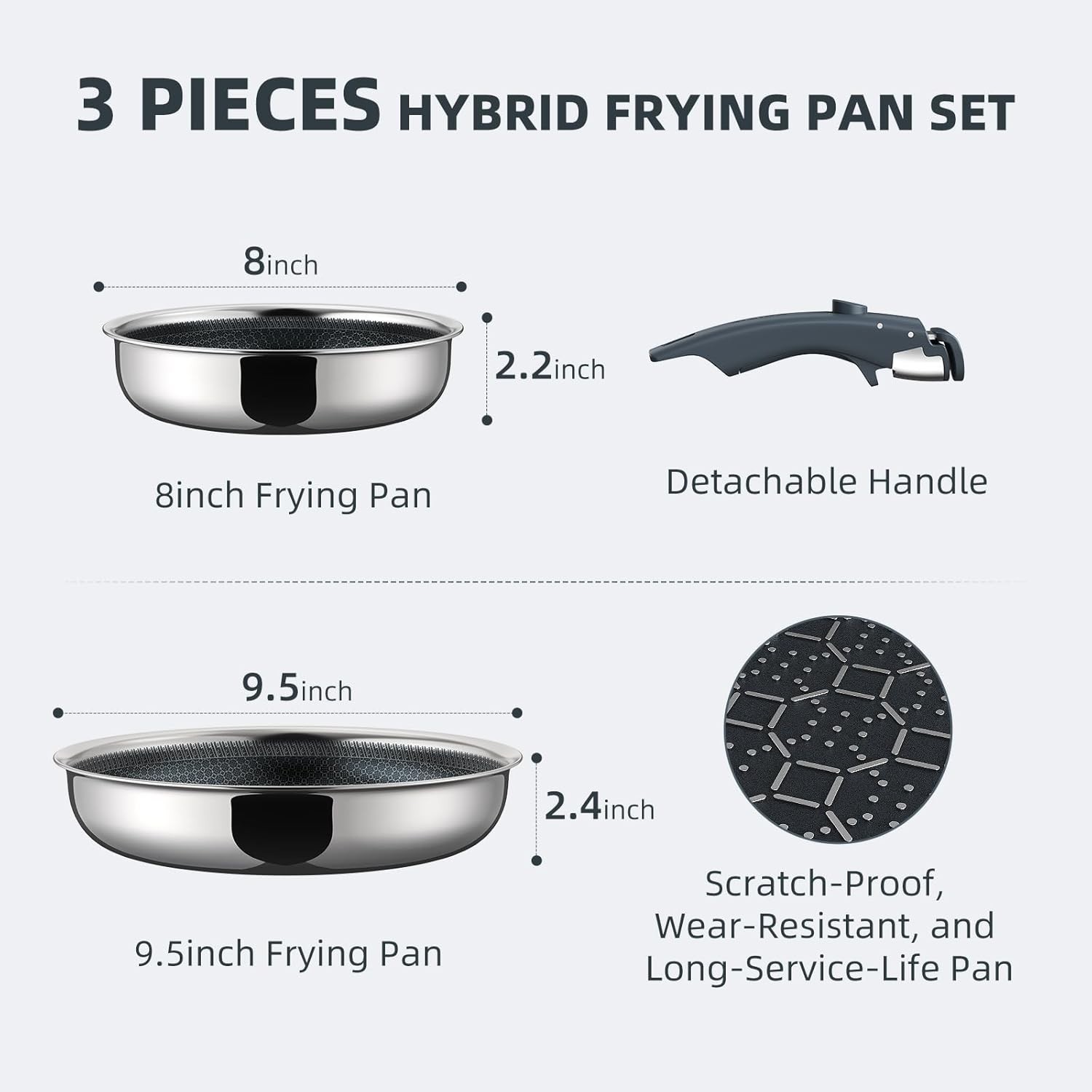 Ciwete Nonstick Frying Pan Set 3pc Stainless Steel Detachable Handle PFAS