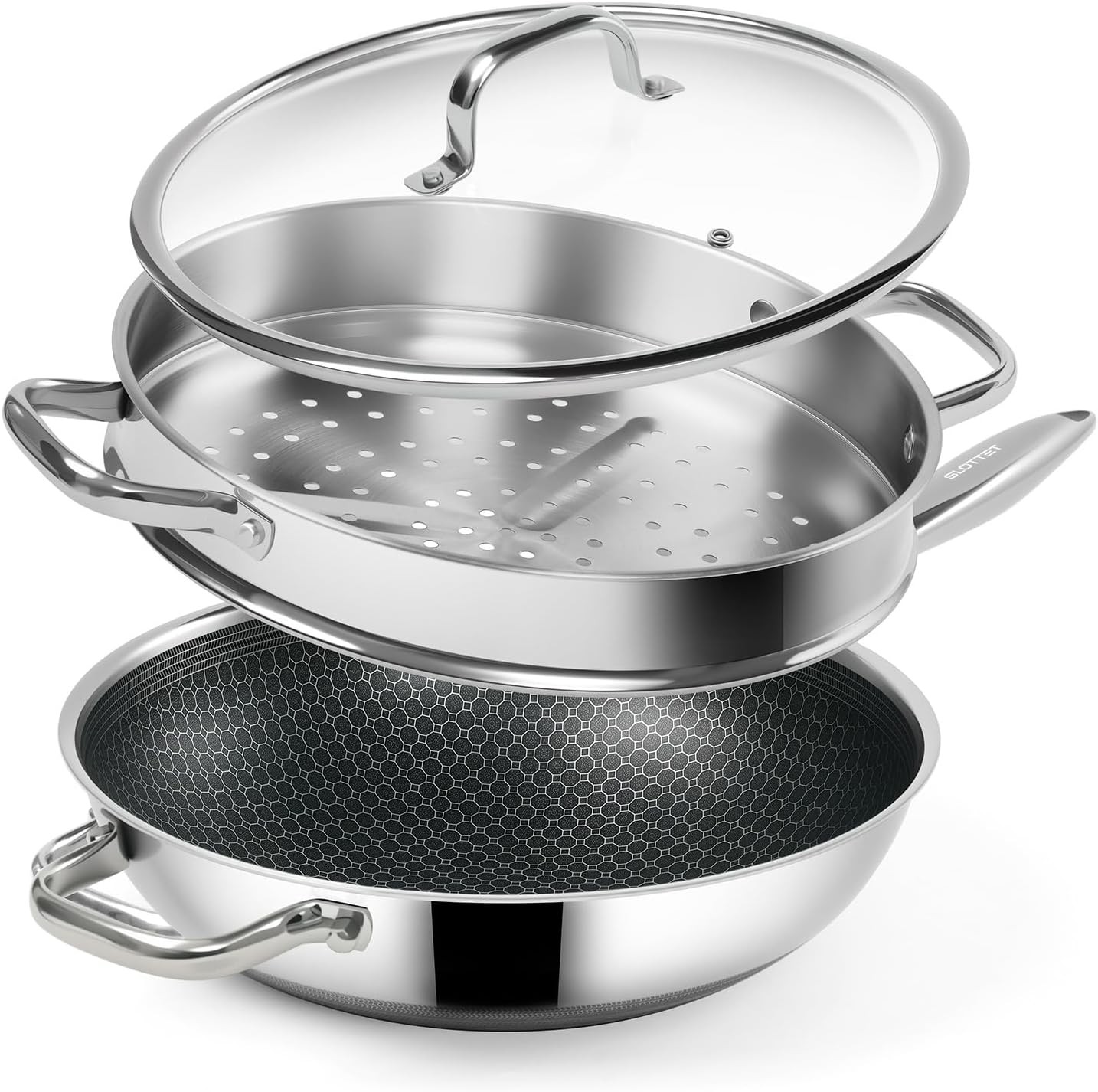 Hybrid 12-Inch Wok with Steer,Nonsti Stainl Steel Woks &